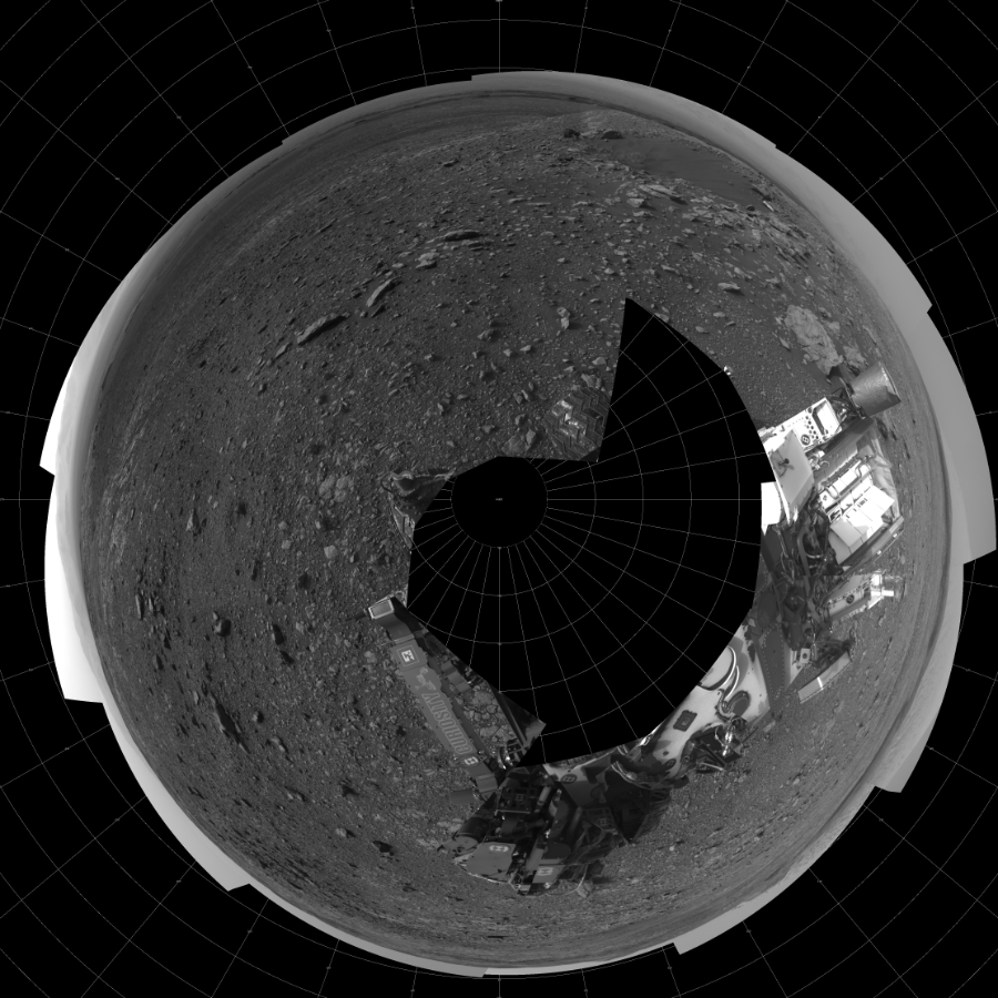 NASA's Mars rover Curiosity took 17 images in Gale Crater using its mast-mounted Left Navigation Camera (Navcam) to create this mosaic. The seam-corrected mosaic provides a polar stereographic projection panorama of the Martian surface with 0 degrees azimuth (measured clockwise from north) at the top of the image. Curiosity took the images on April 25, 2018, Sol 2032 of the Mars Science Laboratory mission at drive 2766, site number 69. The local mean solar time for the image exposures was from 3 PM to 4 PM. Each Navcam image has a 45-degree field of view. CREDIT: NASA/JPL-Caltech
