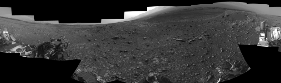 NASA's Mars rover Curiosity took 17 images in Gale Crater using its mast-mounted Right Navigation Camera (Navcam) to create this mosaic. The seam-corrected mosaic provides a 360-degree cylindrical-perspective projection panorama of the Martian surface suitable for stereo viewing, centered at 20 degrees azimuth (measured clockwise from north). This single-eye view must be combined with the partner left image to be viewed in stereo.  Curiosity took the images on April 25, 2018, Sol 2032 of the Mars Science Laboratory mission at drive 2766, site number 69. The local mean solar time for the image exposures was from 3 PM to 4 PM. Each Navcam image has a 45-degree field of view. CREDIT: NASA/JPL-Caltech
