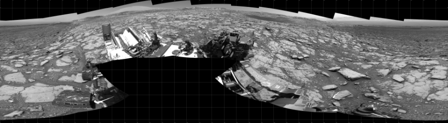 NASA's Mars rover Curiosity took 19 images in Gale Crater using its mast-mounted Left Navigation Camera (Navcam) to create this mosaic. The seam-corrected mosaic provides a 360-degree cylindrical projection panorama of the Martian surface centered at 180 degrees azimuth (measured clockwise from north). Curiosity took the images on May 07, 2018, Sol 2044 of the Mars Science Laboratory mission at drive 1138, site number 70. The local mean solar time for the image exposures was 1 PM. Each Navcam image has a 45 degree field of view. CREDIT: NASA/JPL-Caltech