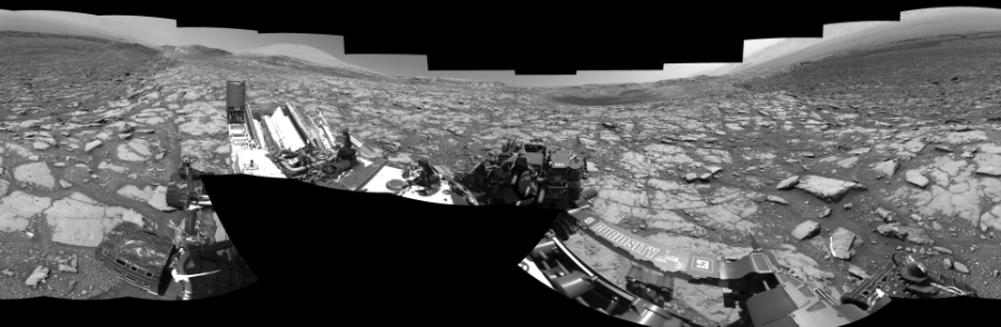 NASA's Mars rover Curiosity took 19 images in Gale Crater using its mast-mounted Left Navigation Camera (Navcam) to create this mosaic. The seam-corrected mosaic provides a 360-degree cylindrical-perspective projection panorama of the Martian surface suitable for stereo viewing, centered at 284 degrees azimuth (measured clockwise from north). This single-eye view must be combined with the partner right image to be viewed in stereo.  Curiosity took the images on May 07, 2018, Sol 2044 of the Mars Science Laboratory mission at drive 1138, site number 70. The local mean solar time for the image exposures was 1 PM. Each Navcam image has a 45-degree field of view. CREDIT: NASA/JPL-Caltech