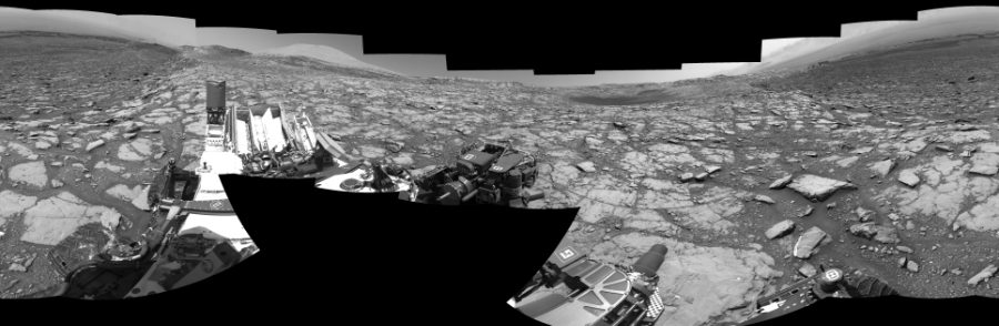 NASA's Mars rover Curiosity took 19 images in Gale Crater using its mast-mounted Right Navigation Camera (Navcam) to create this mosaic. The seam-corrected mosaic provides a 360-degree cylindrical-perspective projection panorama of the Martian surface suitable for stereo viewing, centered at 277 degrees azimuth (measured clockwise from north). This single-eye view must be combined with the partner left image to be viewed in stereo.  Curiosity took the images on May 07, 2018, Sol 2044 of the Mars Science Laboratory mission at drive 1138, site number 70. The local mean solar time for the image exposures was 1 PM. Each Navcam image has a 45-degree field of view. CREDIT: NASA/JPL-Caltech