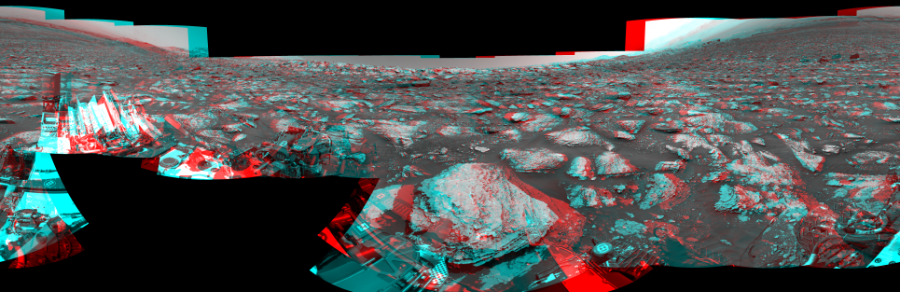 NASA's Mars rover Curiosity took 19 image pairs in Gale Crater using its mast-mounted Navigation Camera (Navcam) to create this mosaic. The seam-corrected mosaic provides a 360-degree cylindrical perspective projection panorama of the Martian surface suitable for stereo viewing, centered at 343 degrees azimuth (measured clockwise from north). This anaglyph must be viewed with red/blue glasses (red over left eye). Curiosity took the images on May 10, 2018, Sol 2047 of the Mars Science Laboratory mission at drive 1538, site number 70. The local mean solar time for the image exposures was 1 PM. Each Navcam image has a 45-degree field of view. CREDIT: NASA/JPL-Caltech
