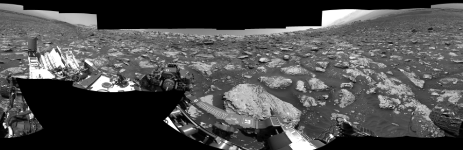 NASA's Mars rover Curiosity took 19 images in Gale Crater using its mast-mounted Left Navigation Camera (Navcam) to create this mosaic. The seam-corrected mosaic provides a 360-degree cylindrical-perspective projection panorama of the Martian surface suitable for stereo viewing, centered at 343 degrees azimuth (measured clockwise from north). This single-eye view must be combined with the partner right image to be viewed in stereo.  Curiosity took the images on May 10, 2018, Sol 2047 of the Mars Science Laboratory mission at drive 1538, site number 70. The local mean solar time for the image exposures was 1 PM. Each Navcam image has a 45-degree field of view. CREDIT: NASA/JPL-Caltech