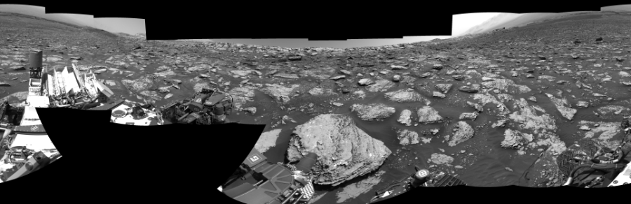 NASA's Mars rover Curiosity took 19 images in Gale Crater using its mast-mounted Right Navigation Camera (Navcam) to create this mosaic. The seam-corrected mosaic provides a 0-degree cylindrical-perspective projection panorama of the Martian surface suitable for stereo viewing, centered at 156 degrees azimuth (measured clockwise from north). This single-eye view must be combined with the partner left image to be viewed in stereo.  Curiosity took the images on May 10, 2018, Sol 2047 of the Mars Science Laboratory mission at drive 1538, site number 70. The local mean solar time for the image exposures was 1 PM. Each Navcam image has a 45-degree field of view. CREDIT: NASA/JPL-Caltech