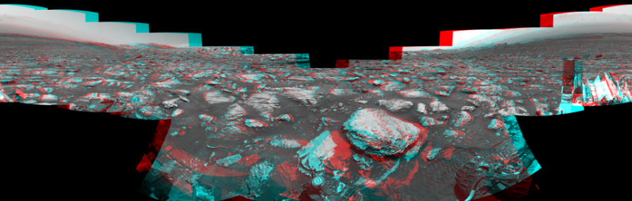 NASA's Mars rover Curiosity took 17 image pairs in Gale Crater using its mast-mounted Navigation Camera (Navcam) to create this mosaic. The seam-corrected mosaic provides a 360-degree cylindrical perspective projection panorama of the Martian surface suitable for stereo viewing, centered at 40 degrees azimuth (measured clockwise from north). This anaglyph must be viewed with red/blue glasses (red over left eye).  Curiosity took the images on May 15, 2018, Sol 2051 of the Mars Science Laboratory mission at drive 1554, site number 70. The local mean solar time for the image exposures was 1 PM. Each Navcam image has a 45-degree field of view. CREDIT: NASA/JPL-Caltech