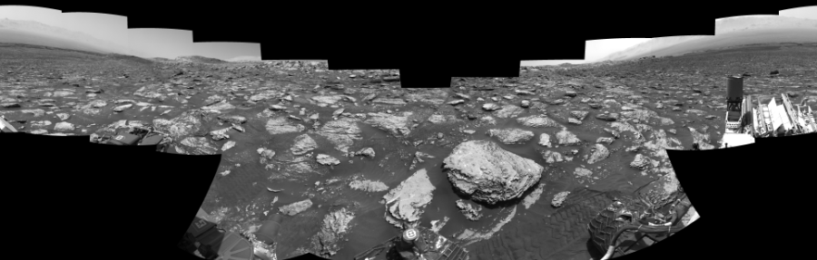 NASA's Mars rover Curiosity took 17 images in Gale Crater using its mast-mounted Right Navigation Camera (Navcam) to create this mosaic. The seam-corrected mosaic provides a 0-degree cylindrical-perspective projection panorama of the Martian surface suitable for stereo viewing, centered at 212 degrees azimuth (measured clockwise from north). This single-eye view must be combined with the partner left image to be viewed in stereo. Curiosity took the images on May 15, 2018, Sol 2051 of the Mars Science Laboratory mission at drive 1554, site number 70. The local mean solar time for the image exposures was 1 PM. Each Navcam image has a 45-degree field of view. CREDIT: NASA/JPL-Caltech