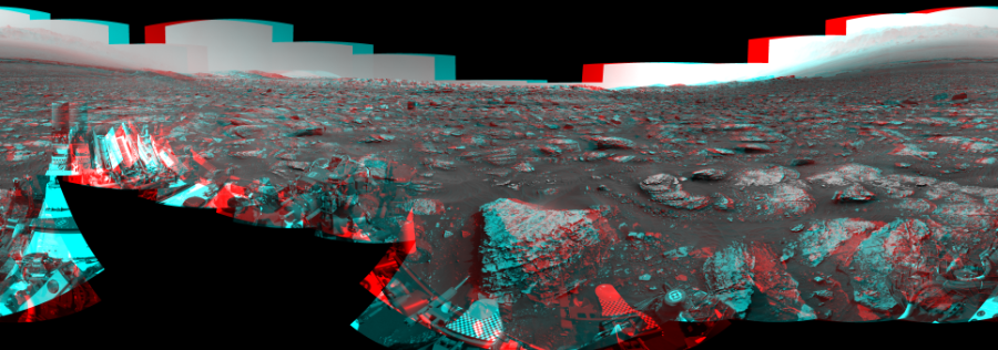 NASA's Mars rover Curiosity took 22 image pairs in Gale Crater using its mast-mounted Navigation Camera (Navcam) to create this mosaic. The seam-corrected mosaic provides a 360-degree cylindrical perspective projection panorama of the Martian surface suitable for stereo viewing, centered at 341 degrees azimuth (measured clockwise from north). This anaglyph must be viewed with red/blue glasses (red over left eye). Curiosity took the images on May 21, 2018, Sols 2057-2056 of the Mars Science Laboratory mission at drive 1752, site number 70. The local mean solar time for the image exposures was 2 PM. Each Navcam image has a 45-degree field of view. CREDIT: NASA/JPL-Caltech