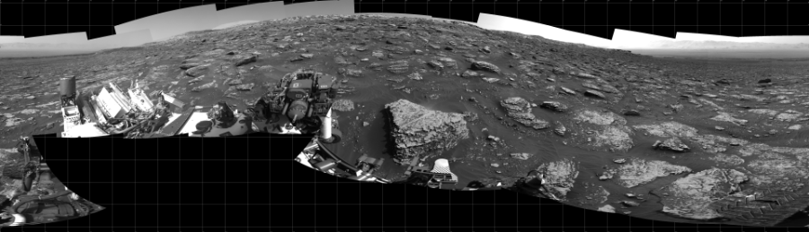 NASA's Mars rover Curiosity took 22 images in Gale Crater using its mast-mounted Left Navigation Camera (Navcam) to create this mosaic. The seam-corrected mosaic provides a 360-degree cylindrical projection panorama of the Martian surface centered at 180 degrees azimuth (measured clockwise from north). Curiosity took the images on May 21, 2018, Sols 2057-2056 of the Mars Science Laboratory mission at drive 1752, site number 70. The local mean solar time for the image exposures was 2 PM. Each Navcam image has a 45 degree field of view. CREDIT: NASA/JPL-Caltech