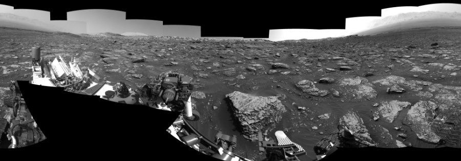 NASA's Mars rover Curiosity took 22 images in Gale Crater using its mast-mounted Left Navigation Camera (Navcam) to create this mosaic. The seam-corrected mosaic provides a 360-degree cylindrical-perspective projection panorama of the Martian surface suitable for stereo viewing, centered at 341 degrees azimuth (measured clockwise from north). This single-eye view must be combined with the partner right image to be viewed in stereo.  Curiosity took the images on May 21, 2018, Sols 2057-2056 of the Mars Science Laboratory mission at drive 1752, site number 70. The local mean solar time for the image exposures was 2 PM. Each Navcam image has a 45-degree field of view. CREDIT: NASA/JPL-Caltech