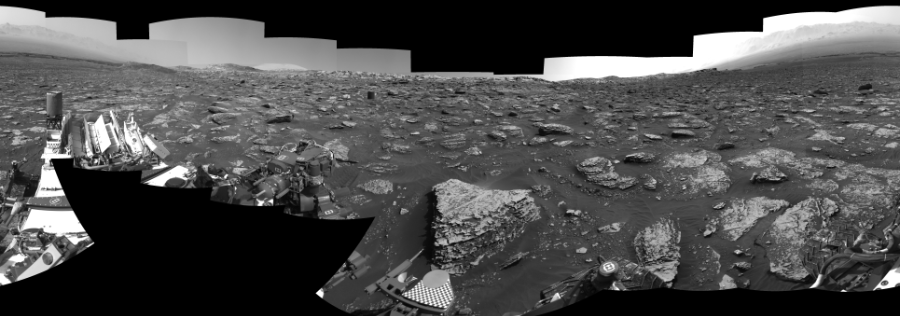 NASA's Mars rover Curiosity took 22 images in Gale Crater using its mast-mounted Right Navigation Camera (Navcam) to create this mosaic. The seam-corrected mosaic provides a 360-degree cylindrical-perspective projection panorama of the Martian surface suitable for stereo viewing, centered at 333 degrees azimuth (measured clockwise from north). This single-eye view must be combined with the partner left image to be viewed in stereo.  Curiosity took the images on May 21, 2018, Sols 2057-2056 of the Mars Science Laboratory mission at drive 1752, site number 70. The local mean solar time for the image exposures was 2 PM. Each Navcam image has a 45-degree field of view. CREDIT: NASA/JPL-Caltech