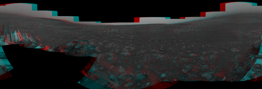 NASA's Mars rover Curiosity took 19 image pairs in Gale Crater using its mast-mounted Navigation Camera (Navcam) to create this mosaic. The seam-corrected mosaic provides a 360-degree cylindrical perspective projection panorama of the Martian surface suitable for stereo viewing, centered at 360 degrees azimuth (measured clockwise from north). This anaglyph must be viewed with red/blue glasses (red over left eye). Curiosity took the images on July 20, 2018, Sol 2116 of the Mars Science Laboratory mission at drive 0, site number 72. The local mean solar time for the image exposures was from 1 PM to 3 PM. Each Navcam image has a 45-degree field of view. CREDIT: NASA/JPL-Caltech