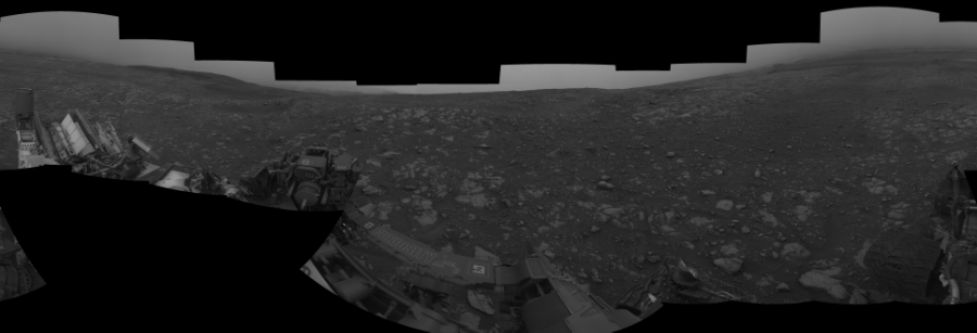 NASA's Mars rover Curiosity took 19 images in Gale Crater using its mast-mounted Left Navigation Camera (Navcam) to create this mosaic. The seam-corrected mosaic provides a 360-degree cylindrical-perspective projection panorama of the Martian surface suitable for stereo viewing, centered at 360 degrees azimuth (measured clockwise from north). This single-eye view must be combined with the partner right image to be viewed in stereo.  Curiosity took the images on July 20, 2018, Sol 2116 of the Mars Science Laboratory mission at drive 0, site number 72. The local mean solar time for the image exposures was from 1 PM to 3 PM. Each Navcam image has a 45-degree field of view. CREDIT: NASA/JPL-Caltech