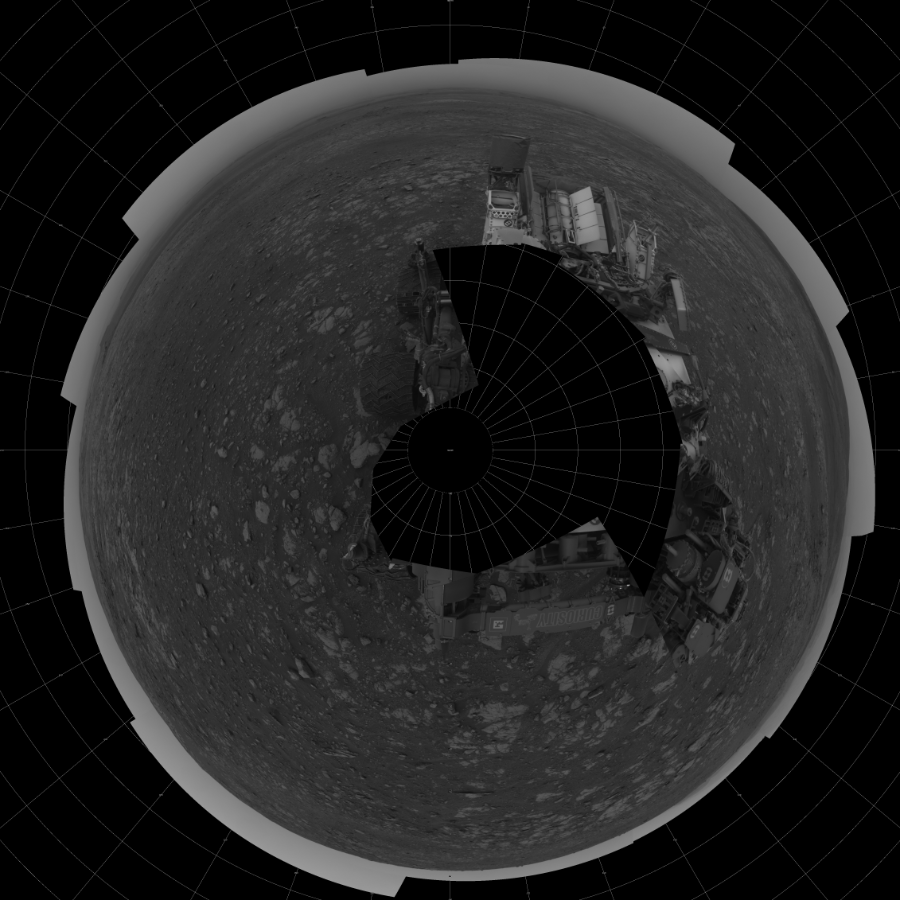 NASA's Mars rover Curiosity took 19 images in Gale Crater using its mast-mounted Left Navigation Camera (Navcam) to create this mosaic. The seam-corrected mosaic provides a polar stereographic projection panorama of the Martian surface with 0 degrees azimuth (measured clockwise from north) at the top of the image. Curiosity took the images on July 20, 2018, Sol 2116 of the Mars Science Laboratory mission at drive 0, site number 72. The local mean solar time for the image exposures was from 1 PM to 3 PM. Each Navcam image has a 45-degree field of view. CREDIT: NASA/JPL-Caltech