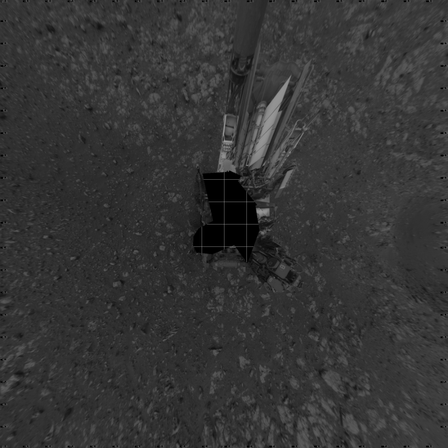 NASA's Mars rover Curiosity took 19 images in Gale Crater using its mast-mounted Left Navigation Camera (Navcam) to create this mosaic. The seam-corrected mosaic provides a vertical projection of the Martian surface near the rover, covering an area of 20 meters (north/south) by 20 meters (east/west). North is up in the image. This projection provides an overhead view, but introduces distortion for items not on the surface, such as large rocks and the rover itself.  Curiosity took the images on July 20, 2018, Sol 2116 of the Mars Science Laboratory mission at drive 0, site number 72. The local mean solar time for the image exposures was from 1 PM to 3 PM. Each Navcam image has a 45-degree field of view. CREDIT: NASA/JPL-Caltech