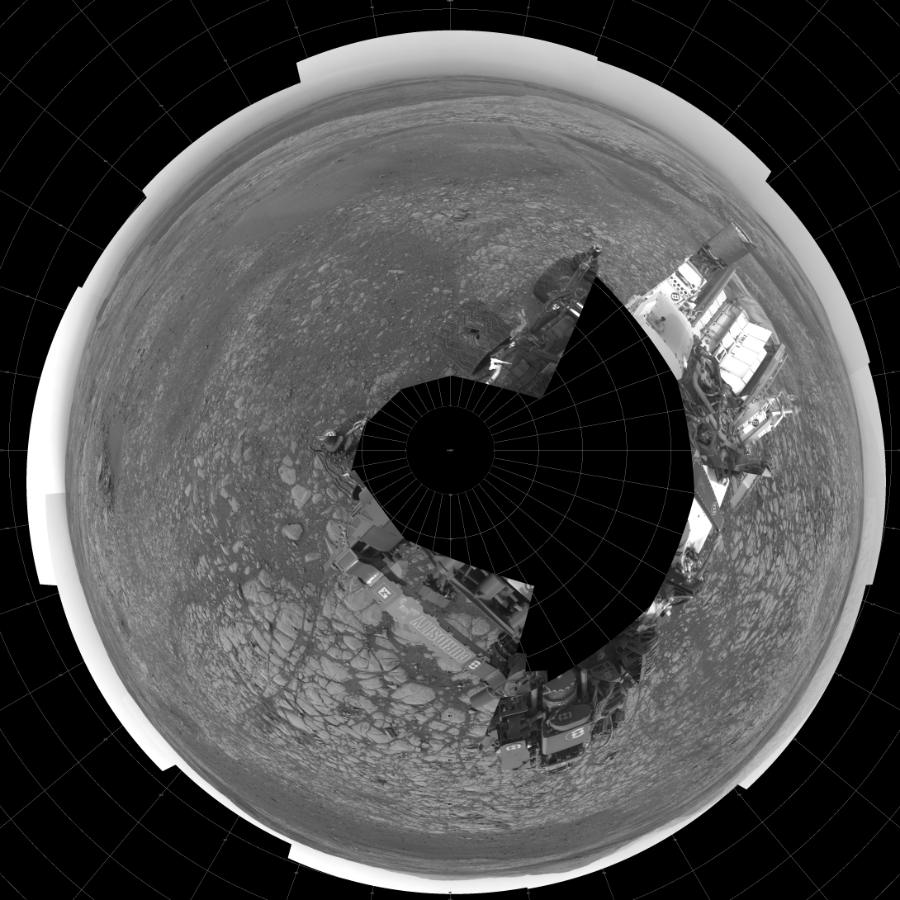 NASA's Mars rover Curiosity took 24 images in Gale Crater using its mast-mounted Left Navigation Camera (Navcam) to create this mosaic. The seam-corrected mosaic provides a polar stereographic projection panorama of the Martian surface with 0 degrees azimuth (measured clockwise from north) at the top of the image. Curiosity took the images on August 31, 2018, Sols 2157-2160 of the Mars Science Laboratory mission at drive 1980, site number 72. The local mean solar time for the image exposures was from 1 PM to 3 PM. Each Navcam image has a 45-degree field of view. CREDIT: NASA/JPL-Caltech