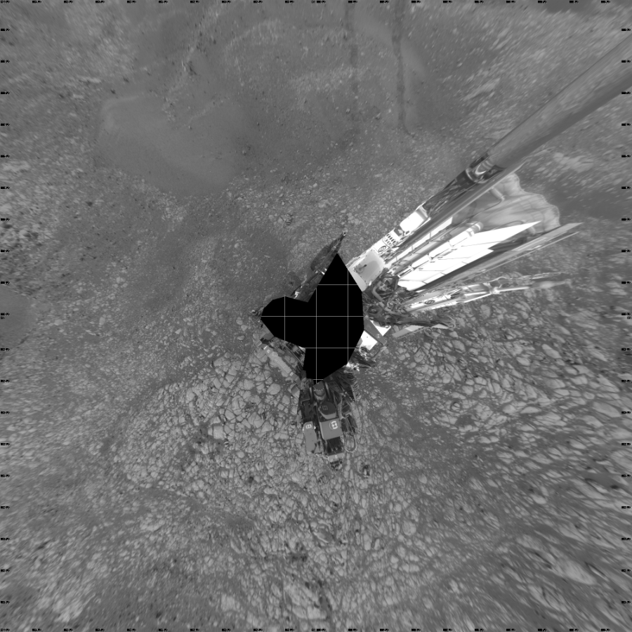 NASA's Mars rover Curiosity took 24 images in Gale Crater using its mast-mounted Left Navigation Camera (Navcam) to create this mosaic. The seam-corrected mosaic provides a vertical projection of the Martian surface near the rover, covering an area of 20 meters (north/south) by 20 meters (east/west). North is up in the image. This projection provides an overhead view, but introduces distortion for items not on the surface, such as large rocks and the rover itself.  Curiosity took the images on August 31, 2018, Sols 2157-2160 of the Mars Science Laboratory mission at drive 1980, site number 72. The local mean solar time for the image exposures was from 1 PM to 3 PM. Each Navcam image has a 45-degree field of view. CREDIT: NASA/JPL-Caltech