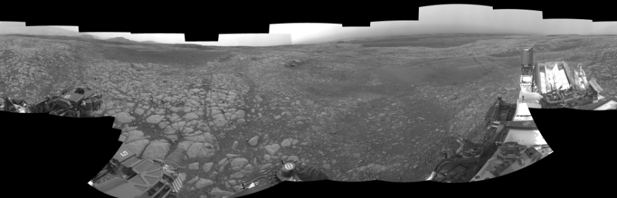 NASA's Mars rover Curiosity took 24 images in Gale Crater using its mast-mounted Right Navigation Camera (Navcam) to create this mosaic. The seam-corrected mosaic provides a 360-degree cylindrical-perspective projection panorama of the Martian surface suitable for stereo viewing, centered at 48 degrees azimuth (measured clockwise from north). This single-eye view must be combined with the partner left image to be viewed in stereo.  Curiosity took the images on August 31, 2018, Sols 2157-2160 of the Mars Science Laboratory mission at drive 1980, site number 72. The local mean solar time for the image exposures was from 1 PM to 3 PM. Each Navcam image has a 45-degree field of view. CREDIT: NASA/JPL-Caltech