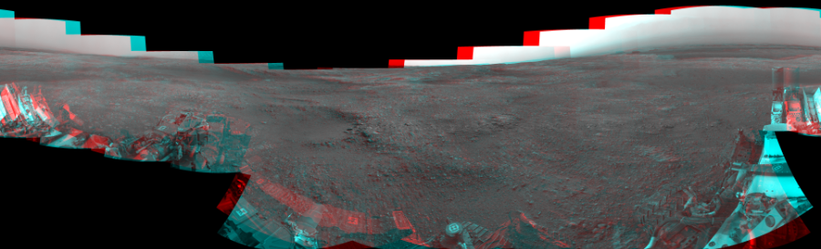 NASA's Mars rover Curiosity took 18 image pairs in Gale Crater using its mast-mounted Navigation Camera (Navcam) to create this mosaic. The seam-corrected mosaic provides a 360-degree cylindrical perspective projection panorama of the Martian surface suitable for stereo viewing, centered at 22 degrees azimuth (measured clockwise from north). This anaglyph must be viewed with red/blue glasses (red over left eye). Curiosity took the images on September 05, 2018, Sol 2161 of the Mars Science Laboratory mission at drive 2272, site number 72. The local mean solar time for the image exposures was from 2 PM to 3 PM. Each Navcam image has a 45-degree field of view. CREDIT: NASA/JPL-Caltech