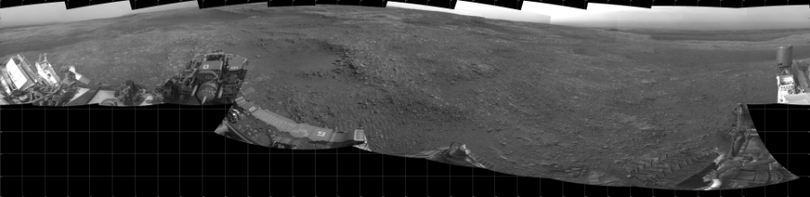 NASA's Mars rover Curiosity took 18 images in Gale Crater using its mast-mounted Left Navigation Camera (Navcam) to create this mosaic. The seam-corrected mosaic provides a 360-degree cylindrical projection panorama of the Martian surface centered at 200 degrees azimuth (measured clockwise from north). Curiosity took the images on September 05, 2018, Sol 2161 of the Mars Science Laboratory mission at drive 2272, site number 72. The local mean solar time for the image exposures was from 2 PM to 3 PM. Each Navcam image has a 45 degree field of view. CREDIT: NASA/JPL-Caltech