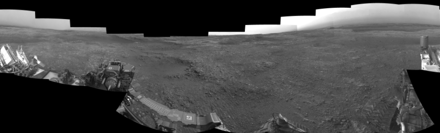 NASA's Mars rover Curiosity took 18 images in Gale Crater using its mast-mounted Left Navigation Camera (Navcam) to create this mosaic. The seam-corrected mosaic provides a 360-degree cylindrical-perspective projection panorama of the Martian surface suitable for stereo viewing, centered at 22 degrees azimuth (measured clockwise from north). This single-eye view must be combined with the partner right image to be viewed in stereo.  Curiosity took the images on September 05, 2018, Sol 2161 of the Mars Science Laboratory mission at drive 2272, site number 72. The local mean solar time for the image exposures was from 2 PM to 3 PM. Each Navcam image has a 45-degree field of view. CREDIT: NASA/JPL-Caltech