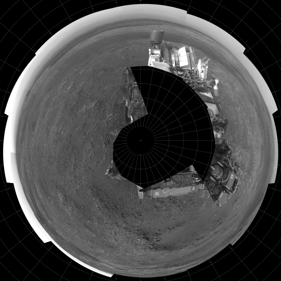 NASA's Mars rover Curiosity took 18 images in Gale Crater using its mast-mounted Left Navigation Camera (Navcam) to create this mosaic. The seam-corrected mosaic provides a polar stereographic projection panorama of the Martian surface with 0 degrees azimuth (measured clockwise from north) at the top of the image. Curiosity took the images on September 05, 2018, Sol 2161 of the Mars Science Laboratory mission at drive 2272, site number 72. The local mean solar time for the image exposures was from 2 PM to 3 PM. Each Navcam image has a 45-degree field of view. CREDIT: NASA/JPL-Caltech