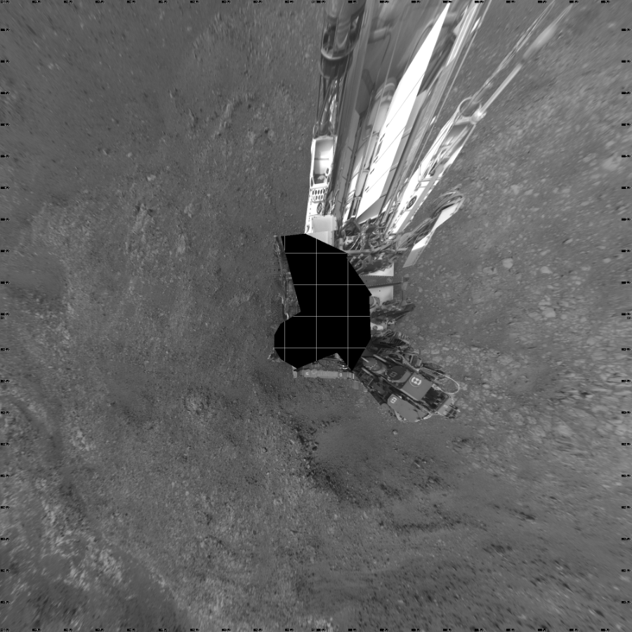 NASA's Mars rover Curiosity took 18 images in Gale Crater using its mast-mounted Left Navigation Camera (Navcam) to create this mosaic. The seam-corrected mosaic provides a vertical projection of the Martian surface near the rover, covering an area of 20 meters (north/south) by 20 meters (east/west). North is up in the image. This projection provides an overhead view, but introduces distortion for items not on the surface, such as large rocks and the rover itself.  Curiosity took the images on September 05, 2018, Sol 2161 of the Mars Science Laboratory mission at drive 2272, site number 72. The local mean solar time for the image exposures was from 2 PM to 3 PM. Each Navcam image has a 45-degree field of view. CREDIT: NASA/JPL-Caltech