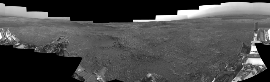 NASA's Mars rover Curiosity took 18 images in Gale Crater using its mast-mounted Right Navigation Camera (Navcam) to create this mosaic. The seam-corrected mosaic provides a 0-degree cylindrical-perspective projection panorama of the Martian surface suitable for stereo viewing, centered at 195 degrees azimuth (measured clockwise from north). This single-eye view must be combined with the partner left image to be viewed in stereo.  Curiosity took the images on September 05, 2018, Sol 2161 of the Mars Science Laboratory mission at drive 2272, site number 72. The local mean solar time for the image exposures was from 2 PM to 3 PM. Each Navcam image has a 45-degree field of view. CREDIT: NASA/JPL-Caltech
