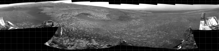 NASA's Mars rover Curiosity took 19 images in Gale Crater using its mast-mounted Left Navigation Camera (Navcam) to create this mosaic. The seam-corrected mosaic provides a 360-degree cylindrical projection panorama of the Martian surface centered at 242 degrees azimuth (measured clockwise from north). Curiosity took the images on September 07, 2018, Sol 2163 of the Mars Science Laboratory mission at drive 2410, site number 72. The local mean solar time for the image exposures was 3 PM. Each Navcam image has a 45 degree field of view. CREDIT: NASA/JPL-Caltech