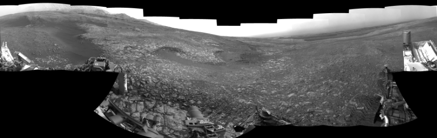 NASA's Mars rover Curiosity took 19 images in Gale Crater using its mast-mounted Left Navigation Camera (Navcam) to create this mosaic. The seam-corrected mosaic provides a 360-degree cylindrical-perspective projection panorama of the Martian surface suitable for stereo viewing, centered at 34 degrees azimuth (measured clockwise from north). This single-eye view must be combined with the partner right image to be viewed in stereo.  Curiosity took the images on September 07, 2018, Sol 2163 of the Mars Science Laboratory mission at drive 2410, site number 72. The local mean solar time for the image exposures was 3 PM. Each Navcam image has a 45-degree field of view. CREDIT: NASA/JPL-Caltech