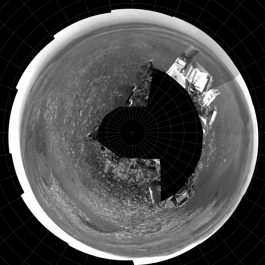 NASA's Mars rover Curiosity took 19 images in Gale Crater using its mast-mounted Left Navigation Camera (Navcam) to create this mosaic. The seam-corrected mosaic provides a polar stereographic projection panorama of the Martian surface with 0 degrees azimuth (measured clockwise from north) at the top of the image. Curiosity took the images on September 07, 2018, Sol 2163 of the Mars Science Laboratory mission at drive 2410, site number 72. The local mean solar time for the image exposures was 3 PM. Each Navcam image has a 45-degree field of view. CREDIT: NASA/JPL-Caltech