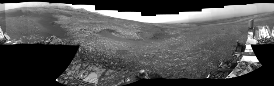 NASA's Mars rover Curiosity took 19 images in Gale Crater using its mast-mounted Right Navigation Camera (Navcam) to create this mosaic. The seam-corrected mosaic provides a 0-degree cylindrical-perspective projection panorama of the Martian surface suitable for stereo viewing, centered at 206 degrees azimuth (measured clockwise from north). This single-eye view must be combined with the partner left image to be viewed in stereo.  Curiosity took the images on September 07, 2018, Sol 2163 of the Mars Science Laboratory mission at drive 2410, site number 72. The local mean solar time for the image exposures was 3 PM. Each Navcam image has a 45-degree field of view. CREDIT: NASA/JPL-Caltech