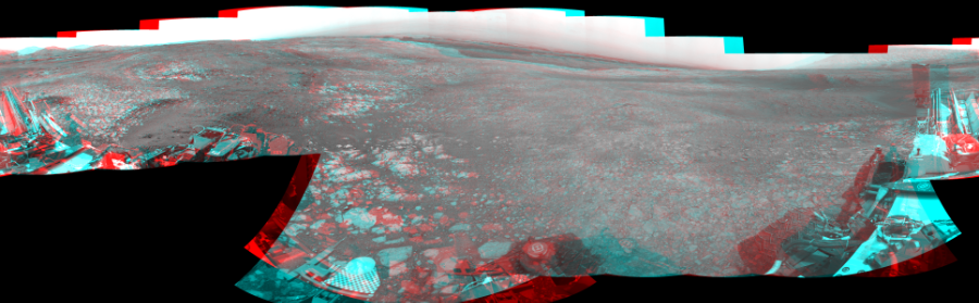 NASA's Mars rover Curiosity took 19 image pairs in Gale Crater using its mast-mounted Navigation Camera (Navcam) to create this mosaic. The seam-corrected mosaic provides a 360-degree cylindrical perspective projection panorama of the Martian surface suitable for stereo viewing, centered at 23 degrees azimuth (measured clockwise from north). This anaglyph must be viewed with red/blue glasses (red over left eye).  Curiosity took the images on September 10, 2018, Sol 2166 of the Mars Science Laboratory mission at drive 2464, site number 72. The local mean solar time for the image exposures was from 2 PM to 12 PM. Each Navcam image has a 45-degree field of view. CREDIT: NASA/JPL-Caltech