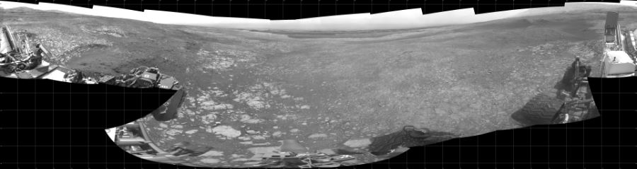 NASA's Mars rover Curiosity took 19 images in Gale Crater using its mast-mounted Left Navigation Camera (Navcam) to create this mosaic. The seam-corrected mosaic provides a 360-degree cylindrical projection panorama of the Martian surface centered at 330 degrees azimuth (measured clockwise from north). Curiosity took the images on September 10, 2018, Sol 2166 of the Mars Science Laboratory mission at drive 2464, site number 72. The local mean solar time for the image exposures was from 2 PM to 12 PM. Each Navcam image has a 45 degree field of view. CREDIT: NASA/JPL-Caltech