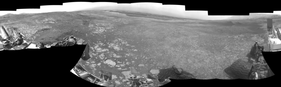 NASA's Mars rover Curiosity took 19 images in Gale Crater using its mast-mounted Left Navigation Camera (Navcam) to create this mosaic. The seam-corrected mosaic provides a 360-degree cylindrical-perspective projection panorama of the Martian surface suitable for stereo viewing, centered at 23 degrees azimuth (measured clockwise from north). This single-eye view must be combined with the partner right image to be viewed in stereo.  Curiosity took the images on September 10, 2018, Sol 2166 of the Mars Science Laboratory mission at drive 2464, site number 72. The local mean solar time for the image exposures was from 2 PM to 12 PM. Each Navcam image has a 45-degree field of view. CREDIT: NASA/JPL-Caltech