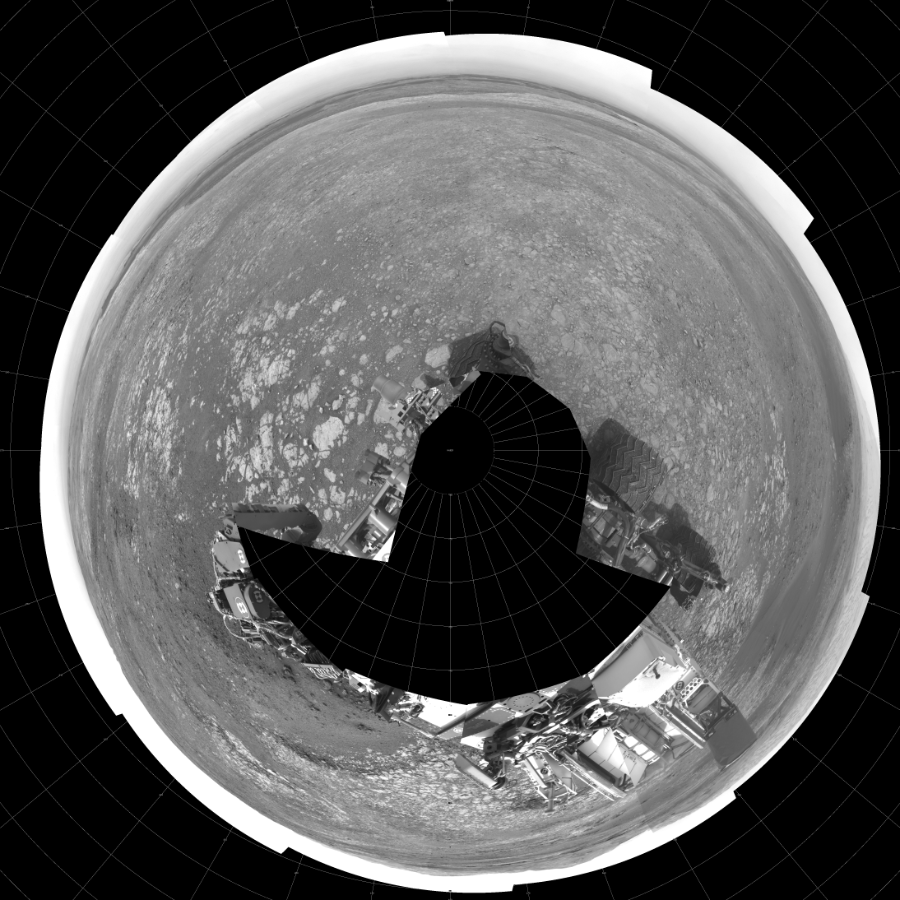 NASA's Mars rover Curiosity took 19 images in Gale Crater using its mast-mounted Left Navigation Camera (Navcam) to create this mosaic. The seam-corrected mosaic provides a polar stereographic projection panorama of the Martian surface with 0 degrees azimuth (measured clockwise from north) at the top of the image. Curiosity took the images on September 10, 2018, Sol 2166 of the Mars Science Laboratory mission at drive 2464, site number 72. The local mean solar time for the image exposures was from 2 PM to 12 PM. Each Navcam image has a 45-degree field of view. CREDIT: NASA/JPL-Caltech