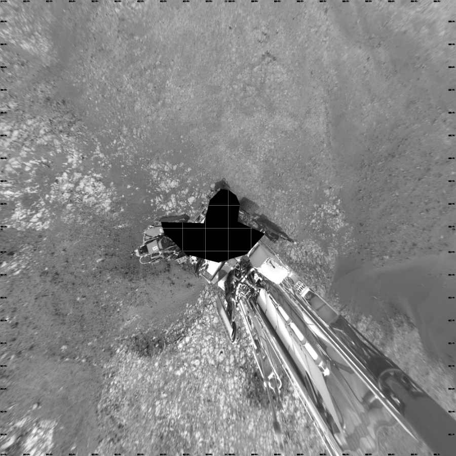 NASA's Mars rover Curiosity took 19 images in Gale Crater using its mast-mounted Left Navigation Camera (Navcam) to create this mosaic. The seam-corrected mosaic provides a vertical projection of the Martian surface near the rover, covering an area of 20 meters (north/south) by 20 meters (east/west). North is up in the image. This projection provides an overhead view, but introduces distortion for items not on the surface, such as large rocks and the rover itself. Curiosity took the images on September 10, 2018, Sol 2166 of the Mars Science Laboratory mission at drive 2464, site number 72. The local mean solar time for the image exposures was from 2 PM to 12 PM. Each Navcam image has a 45-degree field of view. CREDIT: NASA/JPL-Caltech