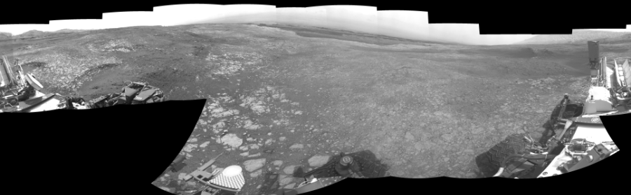 NASA's Mars rover Curiosity took 19 images in Gale Crater using its mast-mounted Right Navigation Camera (Navcam) to create this mosaic. The seam-corrected mosaic provides a 360-degree cylindrical-perspective projection panorama of the Martian surface suitable for stereo viewing, centered at 16 degrees azimuth (measured clockwise from north). This single-eye view must be combined with the partner left image to be viewed in stereo. Curiosity took the images on September 10, 2018, Sol 2166 of the Mars Science Laboratory mission at drive 2464, site number 72. The local mean solar time for the image exposures was from 2 PM to 12 PM. Each Navcam image has a 45-degree field of view. CREDIT: NASA/JPL-Caltech
