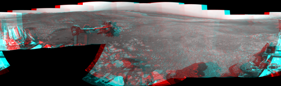 NASA's Mars rover Curiosity took 21 image pairs in Gale Crater using its mast-mounted Navigation Camera (Navcam) to create this mosaic. The seam-corrected mosaic provides a 360-degree cylindrical perspective projection panorama of the Martian surface suitable for stereo viewing, centered at 3 degrees azimuth (measured clockwise from north). This anaglyph must be viewed with red/blue glasses (red over left eye). Curiosity took the images on October 29, 2018, Sols 2214-2218 of the Mars Science Laboratory mission at drive 0, site number 73. The local mean solar time for the image exposures was from 2 PM to 4 PM. Each Navcam image has a 45-degree field of view. CREDIT: NASA/JPL-Caltech