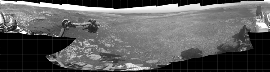 NASA's Mars rover Curiosity took 19 images in Gale Crater using its mast-mounted Left Navigation Camera (Navcam) to create this mosaic. The seam-corrected mosaic provides a 360-degree cylindrical projection panorama of the Martian surface centered at 330 degrees azimuth (measured clockwise from north). Curiosity took the images on October 29, 2018, Sol 2214 of the Mars Science Laboratory mission at drive 0, site number 73. The local mean solar time for the image exposures was 2 PM. Each Navcam image has a 45 degree field of view. CREDIT: NASA/JPL-Caltech