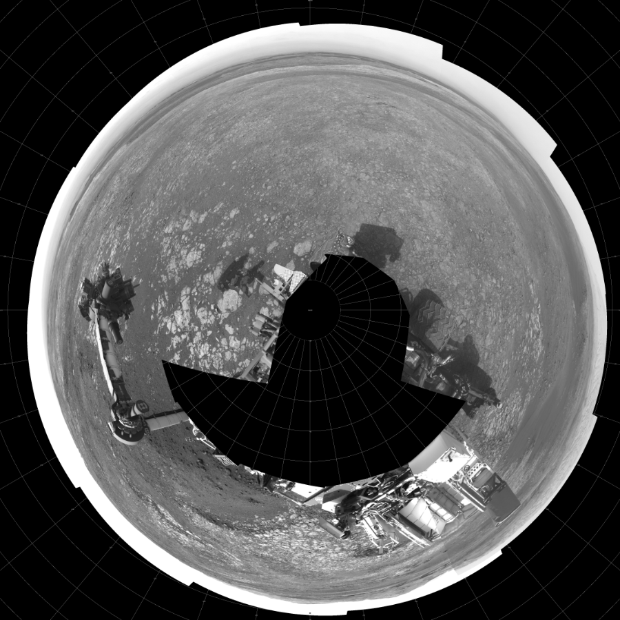 NASA's Mars rover Curiosity took 19 images in Gale Crater using its mast-mounted Left Navigation Camera (Navcam) to create this mosaic. The seam-corrected mosaic provides a polar stereographic projection panorama of the Martian surface with 0 degrees azimuth (measured clockwise from north) at the top of the image. Curiosity took the images on October 29, 2018, Sol 2214 of the Mars Science Laboratory mission at drive 0, site number 73. The local mean solar time for the image exposures was 2 PM. Each Navcam image has a 45-degree field of view. CREDIT: NASA/JPL-Caltech
