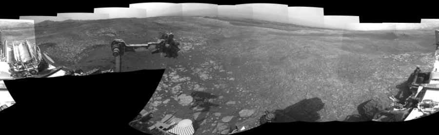NASA's Mars rover Curiosity took 21 images in Gale Crater using its mast-mounted Right Navigation Camera (Navcam) to create this mosaic. The seam-corrected mosaic provides a 360-degree cylindrical-perspective projection panorama of the Martian surface suitable for stereo viewing, centered at 356 degrees azimuth (measured clockwise from north). This single-eye view must be combined with the partner left image to be viewed in stereo.  Curiosity took the images on October 29, 2018, Sols 2214-2218 of the Mars Science Laboratory mission at drive 0, site number 73. The local mean solar time for the image exposures was from 2 PM to 4 PM. Each Navcam image has a 45-degree field of view. CREDIT: NASA/JPL-Caltech