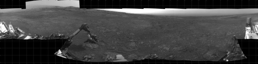 NASA's Mars rover Curiosity took 22 images in Gale Crater using its mast-mounted Left Navigation Camera (Navcam) to create this mosaic. The seam-corrected mosaic provides a 360-degree cylindrical projection panorama of the Martian surface centered at 243 degrees azimuth (measured clockwise from north). Curiosity took the images on January 18, 2019, Sol 2293 of the Mars Science Laboratory mission at drive 1206, site number 73. The local mean solar time for the image exposures was 4 PM. Each Navcam image has a 45 degree field of view. CREDIT: NASA/JPL-Caltech