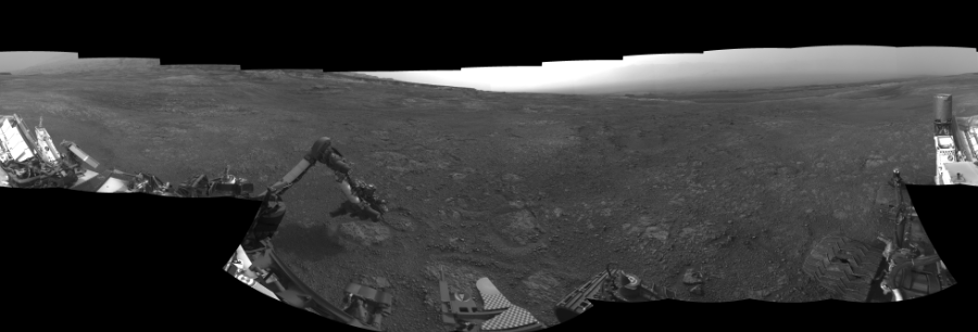 NASA's Mars rover Curiosity took 20 images in Gale Crater using its mast-mounted Left Navigation Camera (Navcam) to create this mosaic. The seam-corrected mosaic provides a 360-degree cylindrical-perspective projection panorama of the Martian surface suitable for stereo viewing, centered at 22 degrees azimuth (measured clockwise from north). This single-eye view must be combined with the partner right image to be viewed in stereo. Curiosity took the images on January 18, 2019, Sol 2293 of the Mars Science Laboratory mission at drive 1206, site number 73. The local mean solar time for the image exposures was 4 PM. Each Navcam image has a 45-degree field of view. CREDIT: NASA/JPL-Caltech