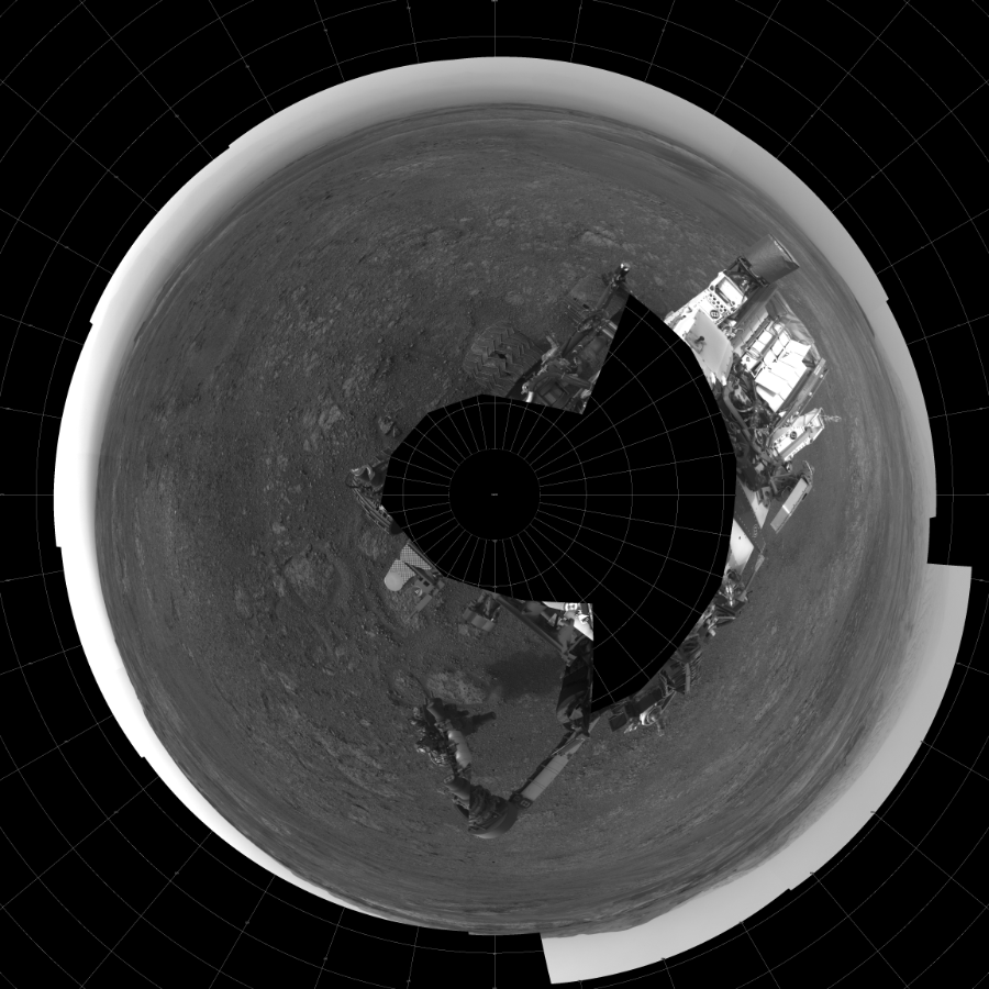 NASA's Mars rover Curiosity took 22 images in Gale Crater using its mast-mounted Left Navigation Camera (Navcam) to create this mosaic. The seam-corrected mosaic provides a polar stereographic projection panorama of the Martian surface with 0 degrees azimuth (measured clockwise from north) at the top of the image. Curiosity took the images on January 18, 2019, Sol 2293 of the Mars Science Laboratory mission at drive 1206, site number 73. The local mean solar time for the image exposures was 4 PM. Each Navcam image has a 45-degree field of view. CREDIT: NASA/JPL-Caltech