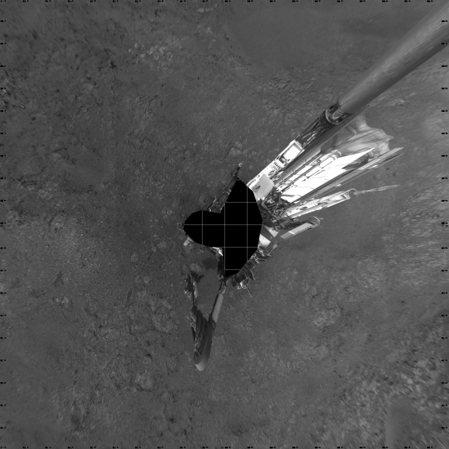 NASA's Mars rover Curiosity took 22 images in Gale Crater using its mast-mounted Left Navigation Camera (Navcam) to create this mosaic. The seam-corrected mosaic provides a vertical projection of the Martian surface near the rover, covering an area of 20 meters (north/south) by 20 meters (east/west). North is up in the image. This projection provides an overhead view, but introduces distortion for items not on the surface, such as large rocks and the rover itself. Curiosity took the images on January 18, 2019, Sol 2293 of the Mars Science Laboratory mission at drive 1206, site number 73. The local mean solar time for the image exposures was 4 PM. Each Navcam image has a 45-degree field of view. CREDIT: NASA/JPL-Caltech