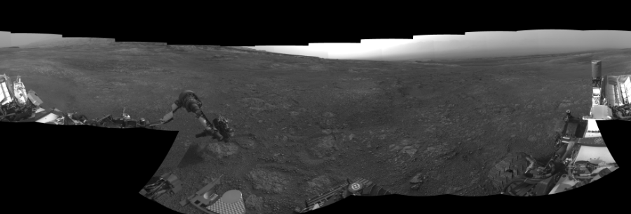 NASA's Mars rover Curiosity took 20 images in Gale Crater using its mast-mounted Right Navigation Camera (Navcam) to create this mosaic. The seam-corrected mosaic provides a 360-degree cylindrical-perspective projection panorama of the Martian surface suitable for stereo viewing, centered at 15 degrees azimuth (measured clockwise from north). This single-eye view must be combined with the partner left image to be viewed in stereo.  Curiosity took the images on January 18, 2019, Sol 2293 of the Mars Science Laboratory mission at drive 1206, site number 73. The local mean solar time for the image exposures was 4 PM. Each Navcam image has a 45-degree field of view. CREDIT: NASA/JPL-Caltech