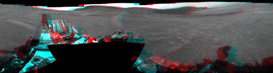 NASA's Mars rover Curiosity took 18 image pairs in Gale Crater using its mast-mounted Navigation Camera (Navcam) to create this mosaic. The seam-corrected mosaic provides a 360-degree cylindrical perspective projection panorama of the Martian surface suitable for stereo viewing, centered at 304 degrees azimuth (measured clockwise from north). This anaglyph must be viewed with red/blue glasses (red over left eye).  Curiosity took the images on March 27, 2019, Sol 2359 of the Mars Science Laboratory mission at drive 936, site number 75. The local mean solar time for the image exposures was 3 PM. Each Navcam image has a 45-degree field of view. CREDIT: NASA/JPL-Caltech