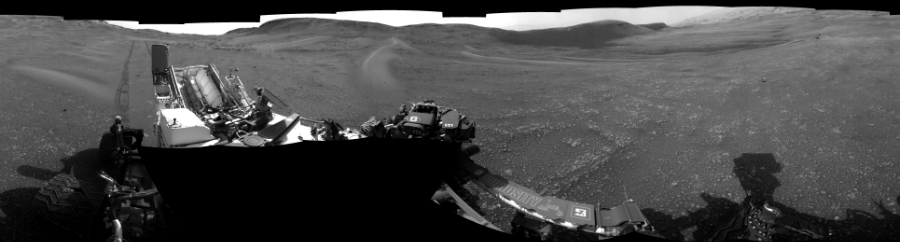 NASA's Mars rover Curiosity took 18 images in Gale Crater using its mast-mounted Left Navigation Camera (Navcam) to create this mosaic. The seam-corrected mosaic provides a 360-degree cylindrical-perspective projection panorama of the Martian surface suitable for stereo viewing, centered at 304 degrees azimuth (measured clockwise from north). This single-eye view must be combined with the partner right image to be viewed in stereo.  Curiosity took the images on March 27, 2019, Sol 2359 of the Mars Science Laboratory mission at drive 936, site number 75. The local mean solar time for the image exposures was 3 PM. Each Navcam image has a 45-degree field of view. CREDIT: NASA/JPL-Caltech