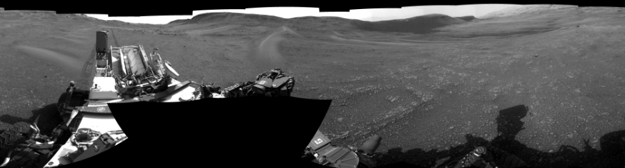 NASA's Mars rover Curiosity took 18 images in Gale Crater using its mast-mounted Right Navigation Camera (Navcam) to create this mosaic. The seam-corrected mosaic provides a 360-degree cylindrical-perspective projection panorama of the Martian surface suitable for stereo viewing, centered at 297 degrees azimuth (measured clockwise from north). This single-eye view must be combined with the partner left image to be viewed in stereo. Curiosity took the images on March 27, 2019, Sol 2359 of the Mars Science Laboratory mission at drive 936, site number 75. The local mean solar time for the image exposures was 3 PM. Each Navcam image has a 45-degree field of view. CREDIT: NASA/JPL-Caltech