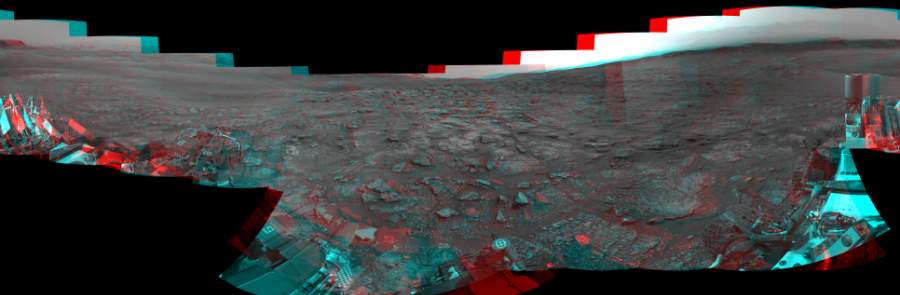 NASA's Mars rover Curiosity took 19 image pairs in Gale Crater using its mast-mounted Navigation Camera (Navcam) to create this mosaic. The seam-corrected mosaic provides a 360-degree cylindrical perspective projection panorama of the Martian surface suitable for stereo viewing, centered at 21 degrees azimuth (measured clockwise from north). This anaglyph must be viewed with red/blue glasses (red over left eye). Curiosity took the images on July 03, 2019, Sol 2454 of the Mars Science Laboratory mission at drive 1666, site number 76. The local mean solar time for the image exposures was from 2 PM to 4 PM. Each Navcam image has a 45-degree field of view. CREDIT: NASA/JPL-Caltech